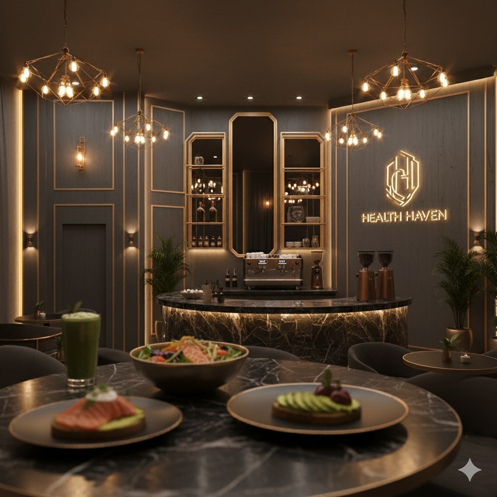 Healthy gourmet dishes presented on elegant golden plates