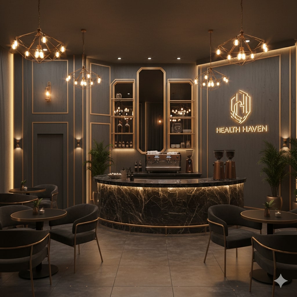 Interior of the Aura Café with warm golden lighting and cozy seating areas