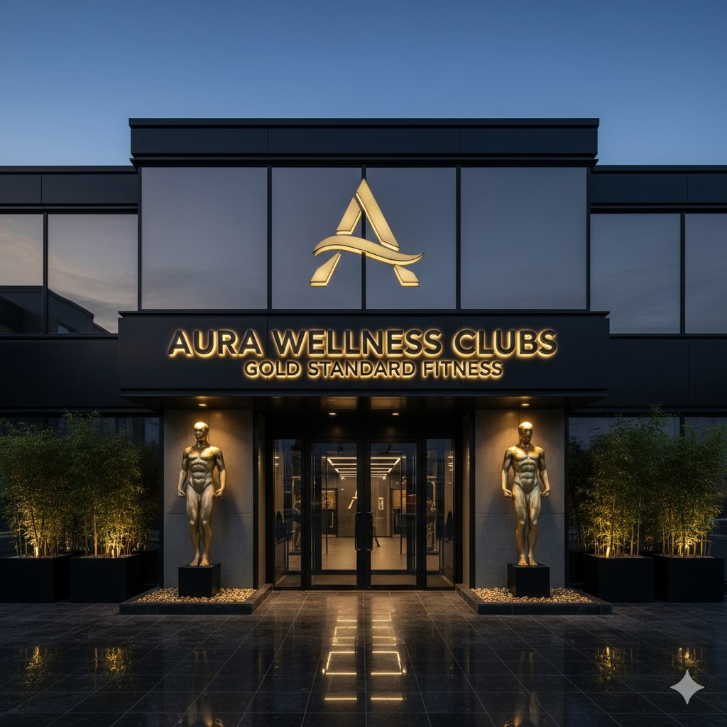 Exterior view of Aura Wellness Clubs building with golden accents and modern architecture