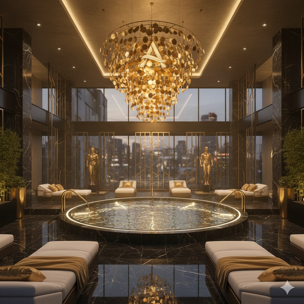 Interior of spa area with massage tables, soft lighting, and golden accents